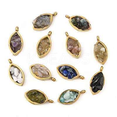 Natural Mixed Stone Chip 304 Stainless Steel Horse Eye Pendants KK-P300-13G-1