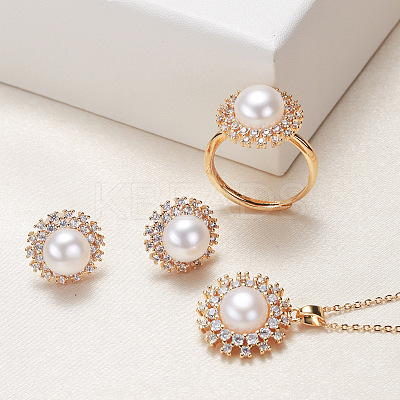 Brass Micro Pave Clear Cubic Zirconia Pendant Necklaces & Stud Earrings & Rings Sets WG2C5C9-01-1