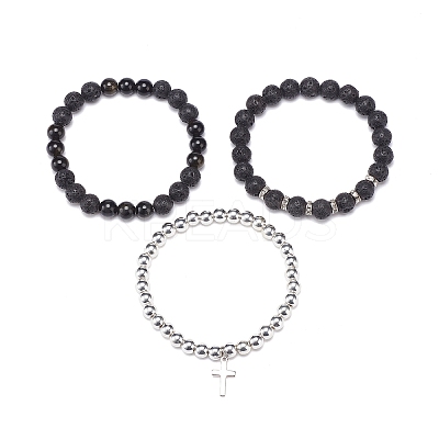 3Pcs 3 Style Style Natural Lava Rock & Golden Sheen Obsidian & Synthetic Hematite Stretch Bracelets Set BJEW-JB08735-1