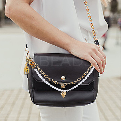 Aluminum Curb Chains & Round White Imitated Pearl Acrylic Beaded Double Layer Purse Decorative Chains HJEW-HS00068-1