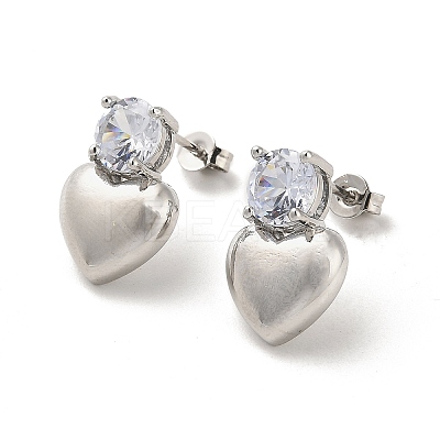 Heart Rack Plating Brass Micro Pave Clear Cubic Zirconia Stud Earrings EJEW-M240-03P-1