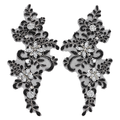1 Pair Flower Polyester with Glass Embroidery Sew on Ornament Accessories PATC-FG0003-41-1