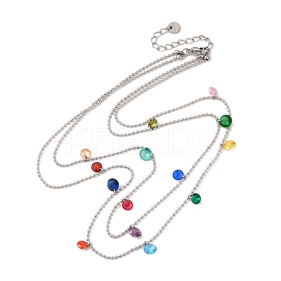 304 Stainless Steel Ball Chain Colorful Cubic Zirconia Flat Round Tassel Double Layer Necklaces for Women LS-NJEW-A051-05P-1
