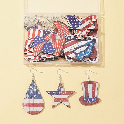 16Pcs 8 Styles Independence Day Theme Single Face Printed Aspen Wood Big Pendants WOOD-FS0001-05-1