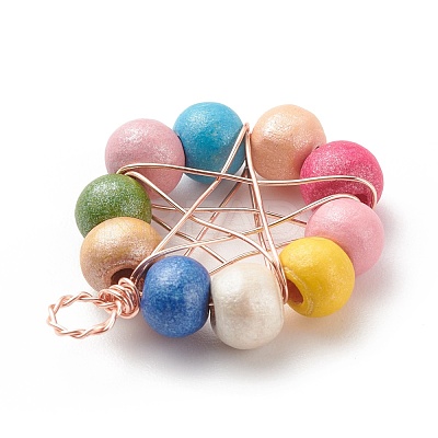 Natural Wood Round Beads Pendants PALLOY-JF01763-03-1