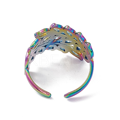 Ion Plating(IP) 304 Stainless Steel Hollow Out Leaf Open Cuff Ring for Women RJEW-C045-16M-1