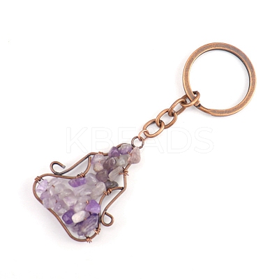 Copper Wire Wrapped Natural Amethyst Chips Yoga Pendant Keychains PW-WG26152-03-1