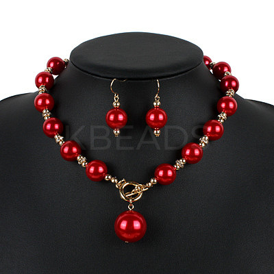 ABS Plastic Imitation Pearl Round Beaded Pendant Necklaces & Dangle Earrings Sets for Women WGD1C77-04-1
