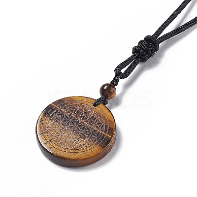 Natural Tiger Eye Flat Round with Flower of Life Pendant Necklace with Nylon Cord for Women NJEW-P274-02-01-1