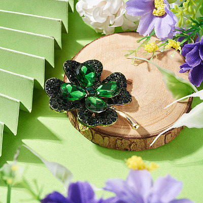 1Pc Clover Alloy Rhinestone Lapel Pins for Backpack Clothes JEWB-TADJ0001-07-1