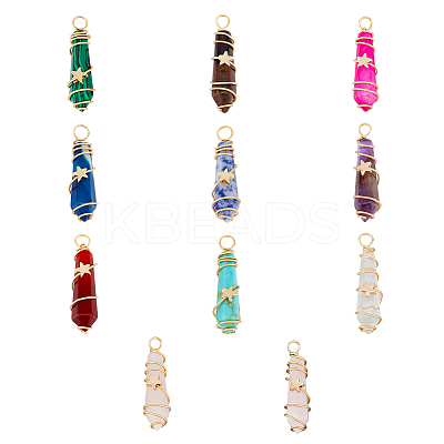 10Pcs 10 Styles Gemstone & Glass Pointed Copper Wire Wrapped Pendants FIND-FH0006-76-1