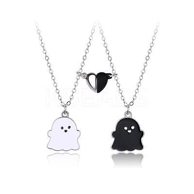 2Pcs Ghost Alloy Black & White Enamel Split Pendant Best Friend Necklaces with Heart Magnetic Clasps FS-WG095C9-01-1