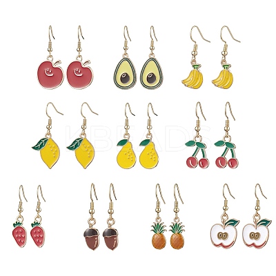 10 Pairs 10 Styles Fruit Alloy Enamel Dangle Earrings for Women EJEW-JE05905-1