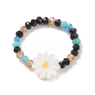 Shell & Glass Beaded Stretch Finger Ring for Women RJEW-JR00481-1