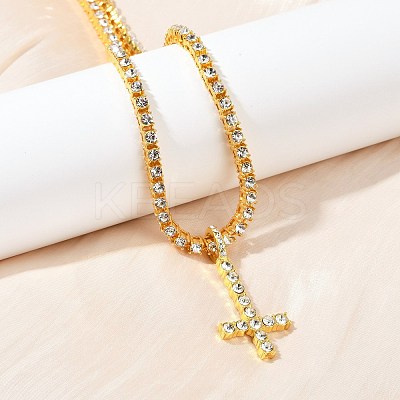 Alloy Full Crystal Rhinestone Christian Inverted Cross Pendant Necklaces NJEW-P333-01G-1