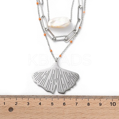 304 Stainless Steel & Natural Pearl & Enamel Beads Leaf Pendant 3 Layer Necklaces for Women NJEW-A045-18P-1