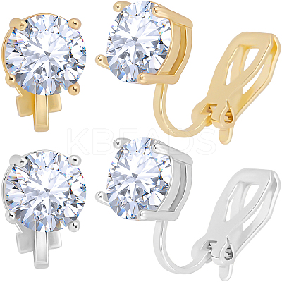 4 Pairs 2 Colors Flat Round Brass Pave 3A Cubic Zirconia Clip-on Earrings for Women EJEW-BBC0001-58-1