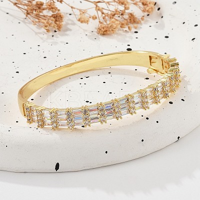Brass Micro Pave Clear Cubic Zirconia Hinged Bangles for Women BJEW-K274-09G-1