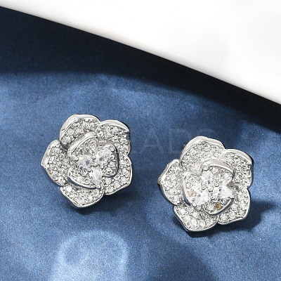 Flower Brass Micro Pave Clear Cubic Zirconia Stud Earrings EJEW-M082-19P-1