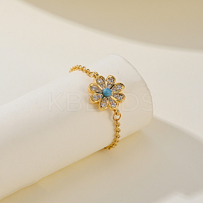 Vintage Brass Cubic Zirconia Flower Adjustable Chain Women's Ring RS9659-1