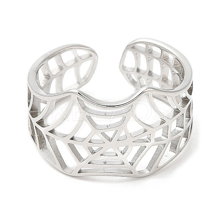 Non-Tarnish 304 Stainless Steel Hollow Spider Web Open Cuff Ring for Women RJEW-M149-25P-1