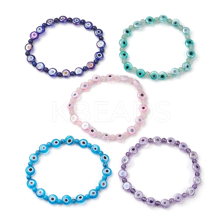 Mixed Gemstones Handmade Evil Eye Lampwork Beaded Stretch Bracelets BJEW-JB10208-1