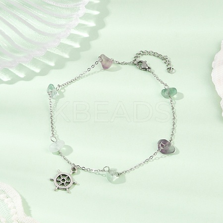 Natural Fluorite Chip Bead Chain Anklets AJEW-AN00671-02-1