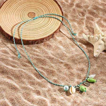 Summer Beach Porcelain Fish & Natural Cowrie Shell Pendant Cotton Cord Adjustable Necklaces FS-WG63638-04-1