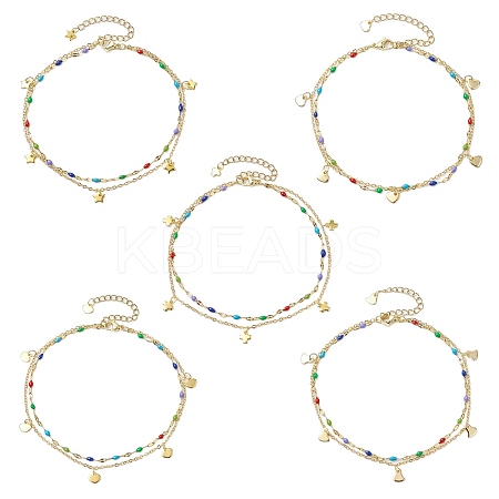 304 Stainless Steel & Brass Double Layer Chain Anklets AJEW-AN00629-1