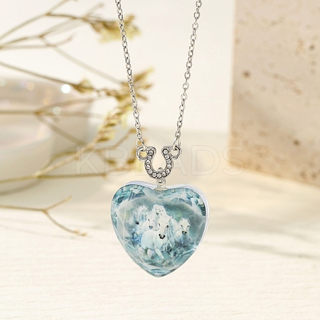 Heart with Horse Pattern Glass Pendant Necklaces PW-WGF1C5C-06-1