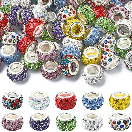 100Pcs 10 Colors Polymer Clay Rhinestone European Large Hole Beads with Silver Color Plated Brass Cores FIND-YW0004-88-1