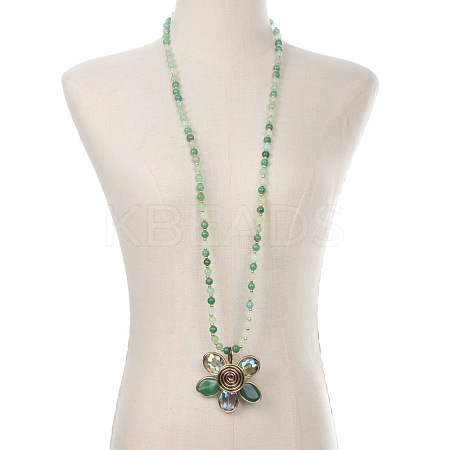Glass Round Beaded Alloy Flower Pendant Long Necklaces for Women FS-WG02E2E-04-1