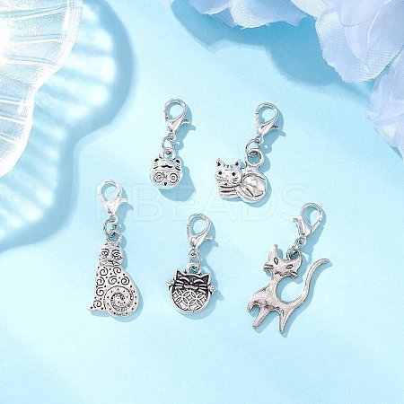 5Pcs Tibetan Style Alloy Kitten Pendant Decorations HJEW-JM03894-1