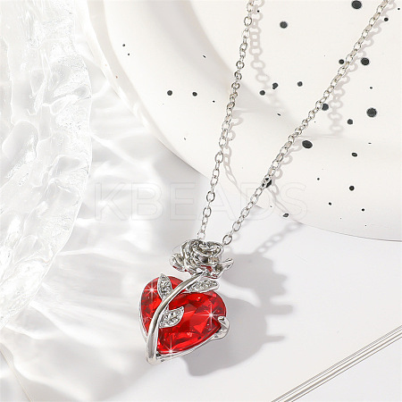 Valentine's Day Heart & Rose Zinc Alloy Ruby Rhinestone Pendant Necklaces for Women FS-WG5EA65-02-1