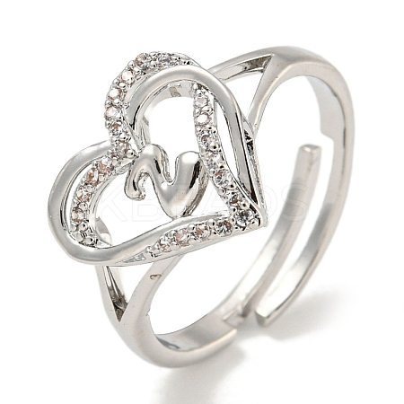 Heart with Letter Rack Plating Brass Micro Pave Clear Cubic Zirconia Adjustable Rings for Women RJEW-I105-01P-Z-1
