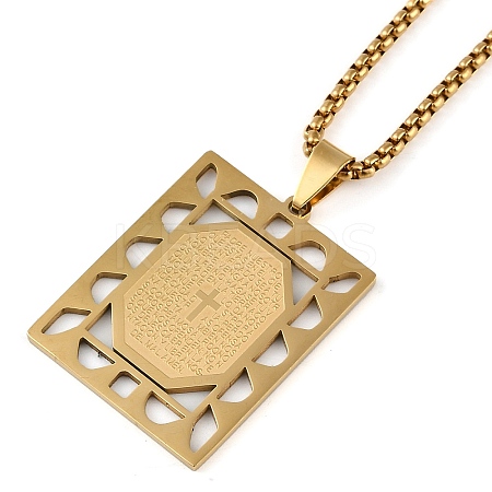 201 Stainless Steel Hollow Rectangle with Cross Pendant Box Chain Necklaces NJEW-D089-06G-1
