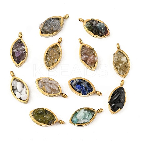 Natural Mixed Stone Chip 304 Stainless Steel Horse Eye Pendants KK-P300-13G-1