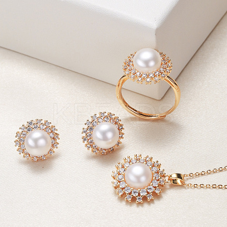 Brass Micro Pave Clear Cubic Zirconia Pendant Necklaces & Stud Earrings & Rings Sets WG2C5C9-01-1
