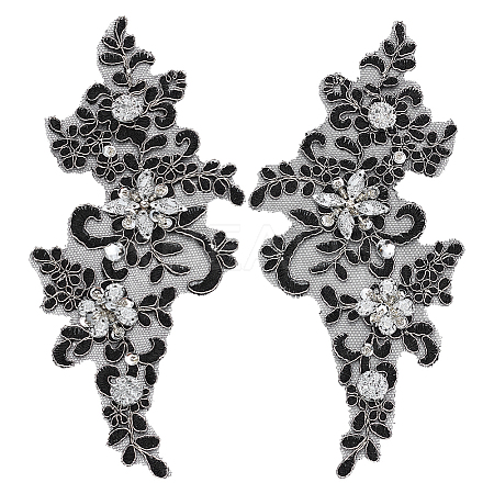 1 Pair Flower Polyester with Glass Embroidery Sew on Ornament Accessories PATC-FG0003-41-1