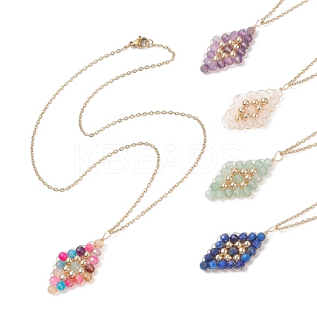 Natural Mixed Gemstone Beaded Rhombus Pendant Necklace NJEW-JN04319-1
