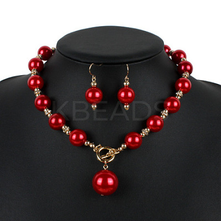ABS Plastic Imitation Pearl Round Beaded Pendant Necklaces & Dangle Earrings Sets for Women WGD1C77-04-1