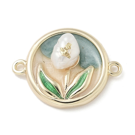 Brass Enamel Flat Round with Rose Connector Charms KK-M308-01G-02-1
