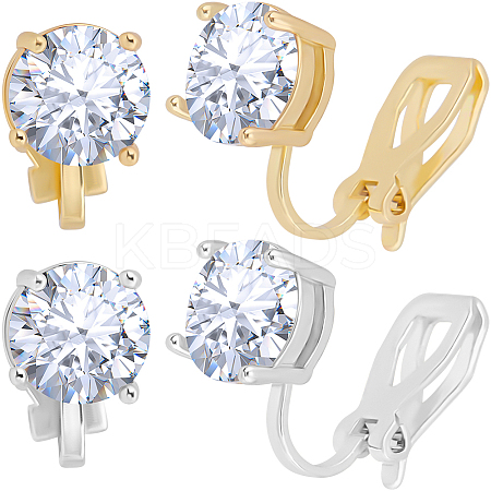 4 Pairs 2 Colors Flat Round Brass Pave 3A Cubic Zirconia Clip-on Earrings for Women EJEW-BBC0001-58-1
