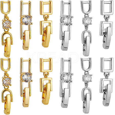 12Pcs 6 Styles Rack Plating Brass Micro Pave Clear Cubic Zirconia Fold Over Clasps KK-SC0005-94-1