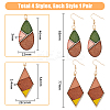 4 Pairs 4 Colors Natural Wood Teardrop & Rhombus Dangle Earrings EJEW-FI0001-46-2