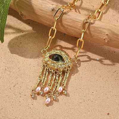 Alloy Rhinestone Evil Eye Pendant Necklaces NJEW-A037-01G-1