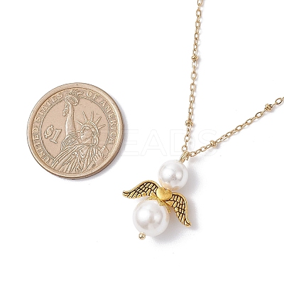 Shell Pearl with Alloy Wings Angel Pendant 304 Stainless Steel Satellite Chain Necklaces NJEW-JN05427-1