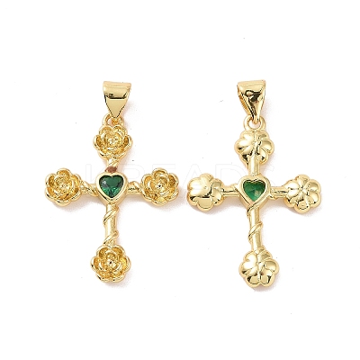 Cross with Flower Brass Micro Pave Cubic Zirconia Pendants KK-G435-06G-01-1