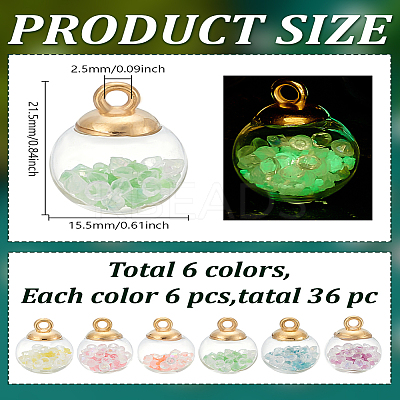 36Pcs 6 Colors Luminous Glass Bottle Pendants FIND-LP0001-42-1