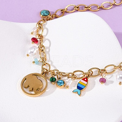 304 Stainless Steel Colorful Enamel Elephant and Fish Pendant Necklaces for Women NJEW-F346-04G-1